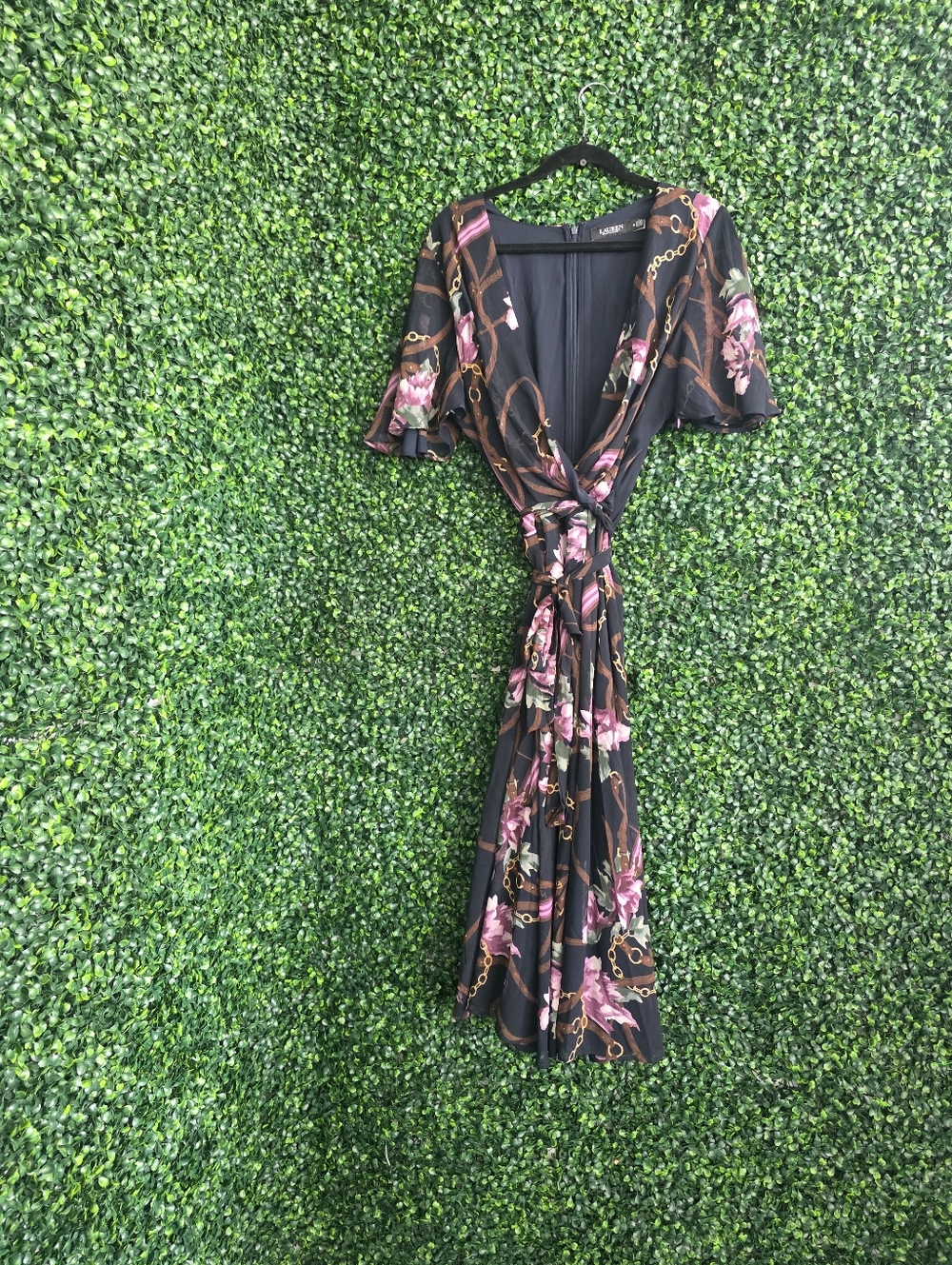 Ralph Lauren Belted Floral Flutter Sleeve Georgette Surplice Dress Gown Women 16